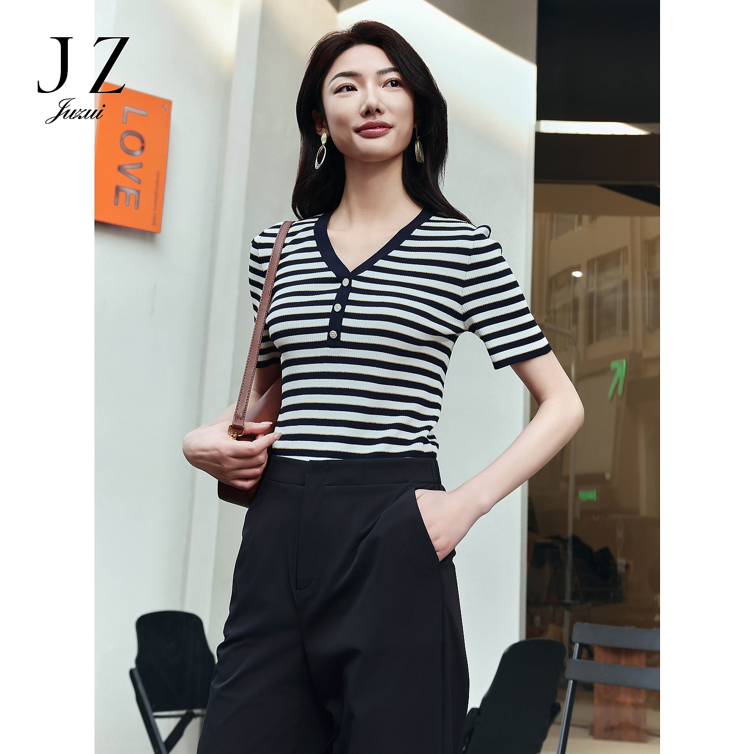 【粉丝专享】商场同款JZ玖姿JWEX31201优雅曲珠纱条纹针织毛衫女夏