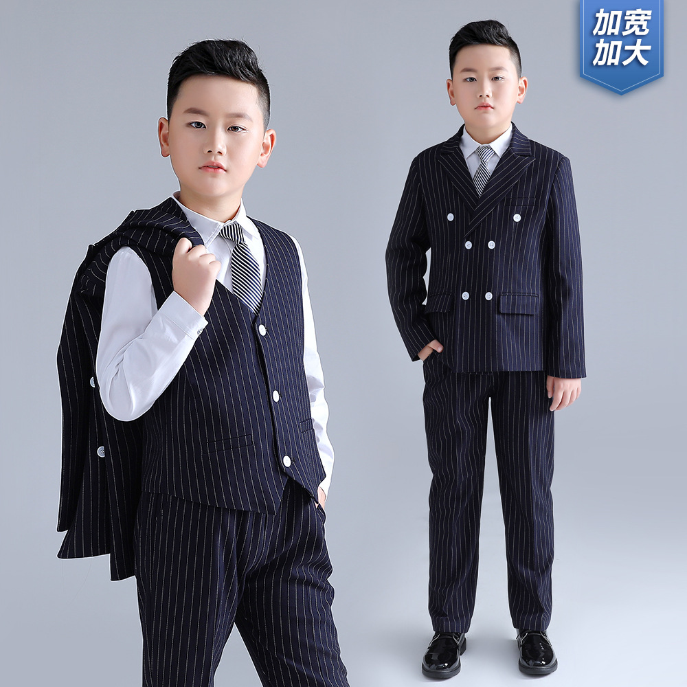 胖童西装秋冬新款时尚条纹西服套装男孩钢琴主持演讲礼服加肥加大