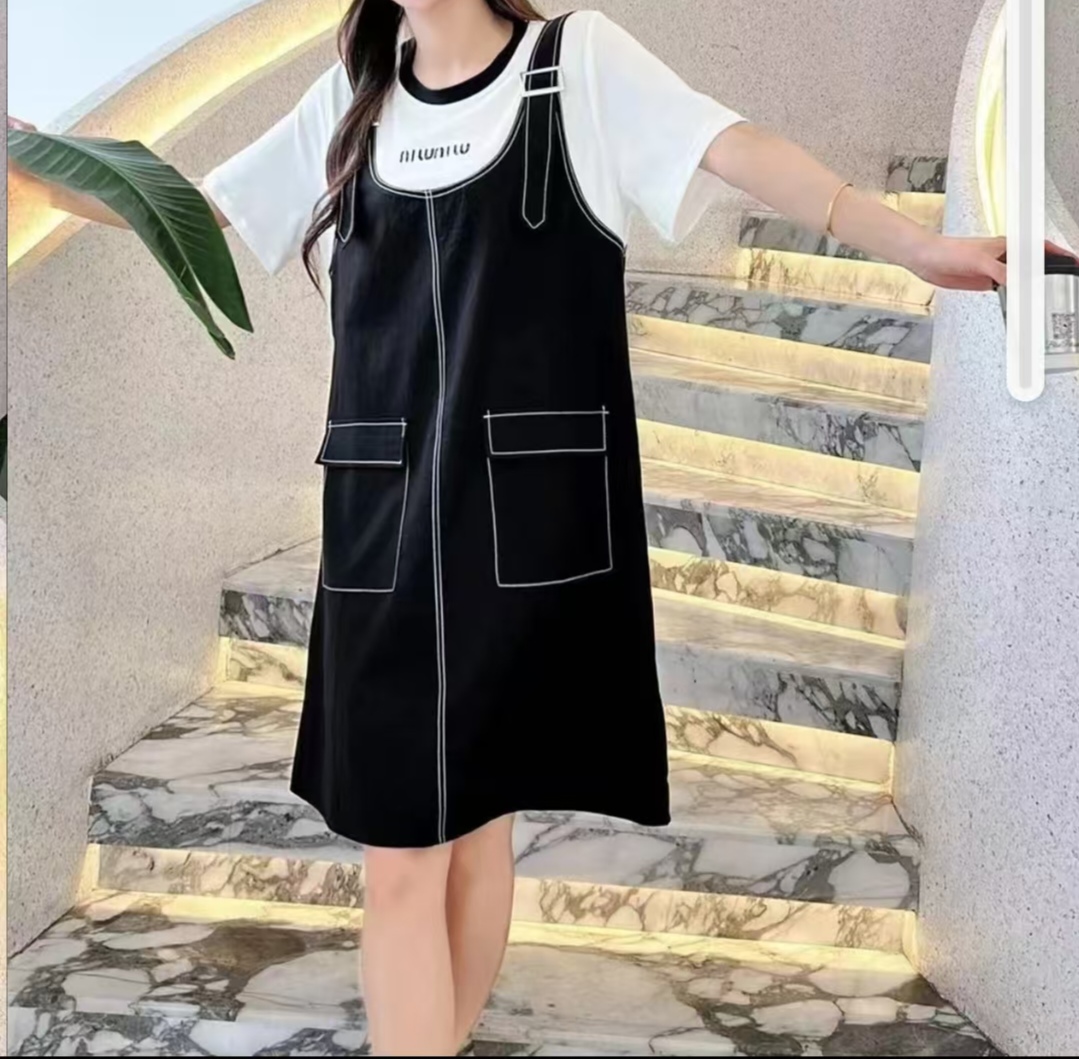 《大亭家》胖mm夏季宽松休闲减龄显瘦假两件套大码连衣裙3807