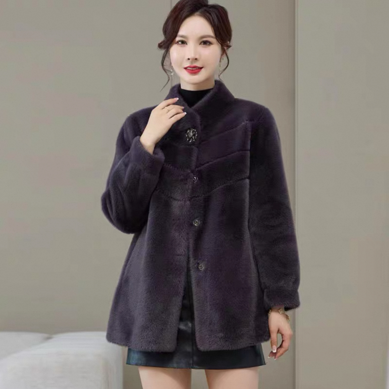 厚款女大衣时尚女士外套一粒扣纯色中老年遮肉中长款