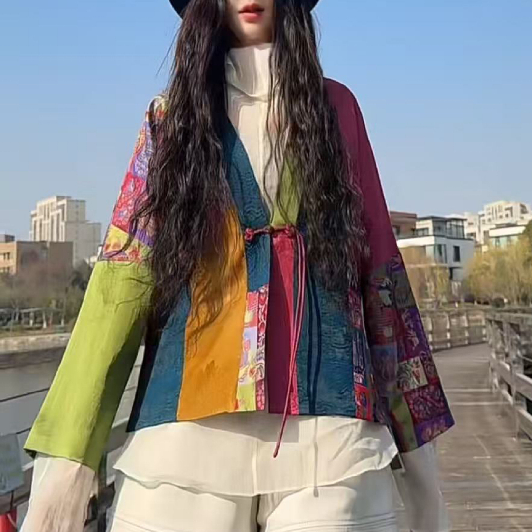 【周周家】早春新款民族风撞色拼接设计款中式斜襟盘扣外套