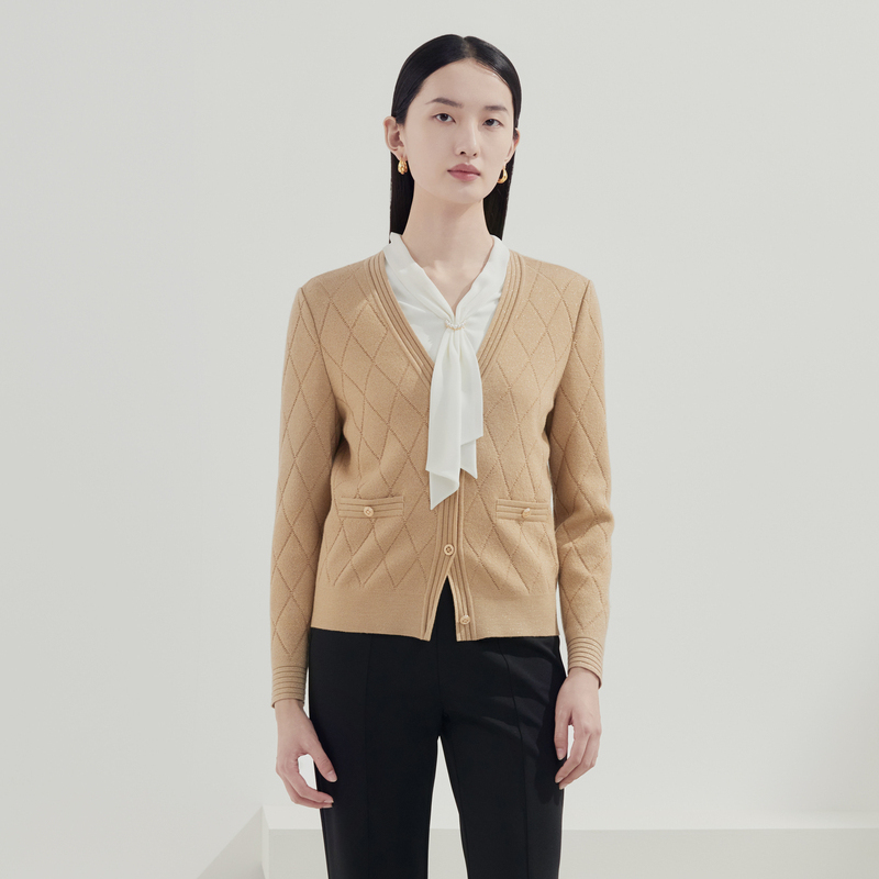 娜尔思商场同款V领绵羊毛开衫24早秋通勤毛衣NI00312E2