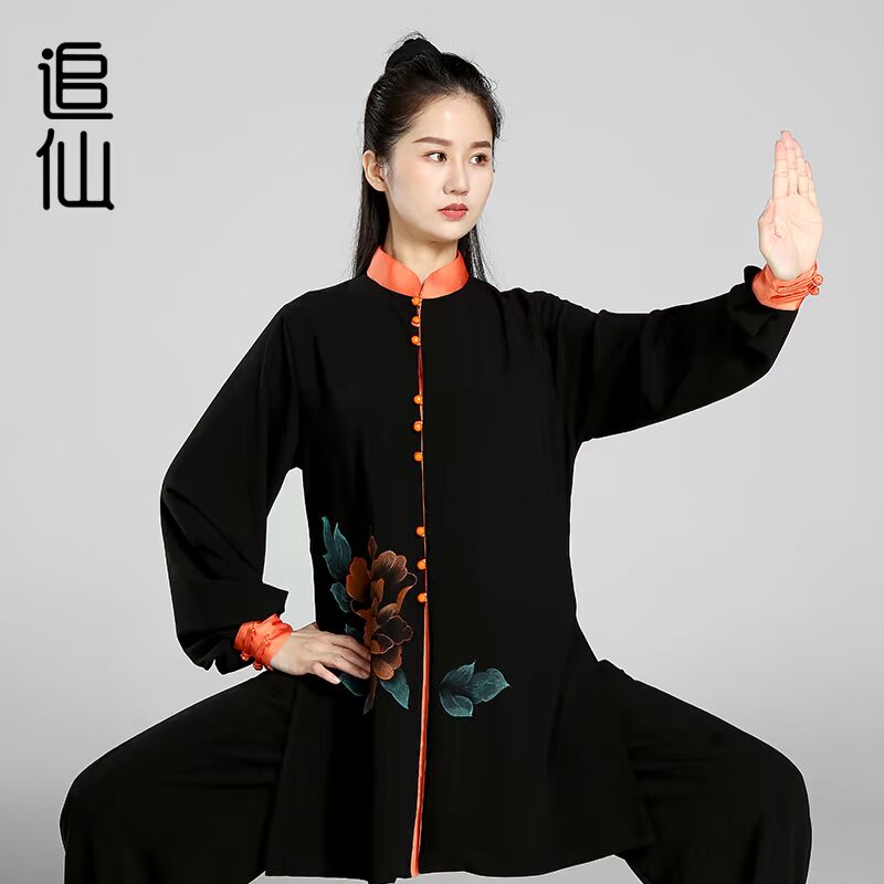 追仙太极新款春夏弹力棉黑色女款练功演出比赛气功晨练服太极服