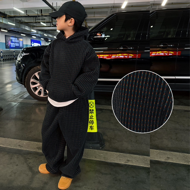【图本图】2025冬装男童绣花条纹套装加绒加厚卫衣卫裤中大童两件套