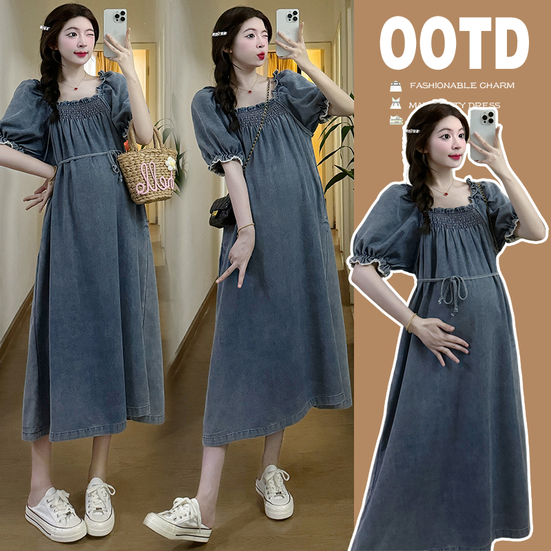 孕妇2025夏新款甜美显瘦气质复古蕾丝花边袖时尚牛仔孕妇连衣裙