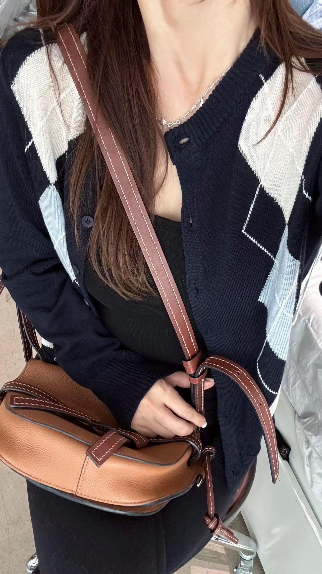 500格子圆领毛针织开衫 