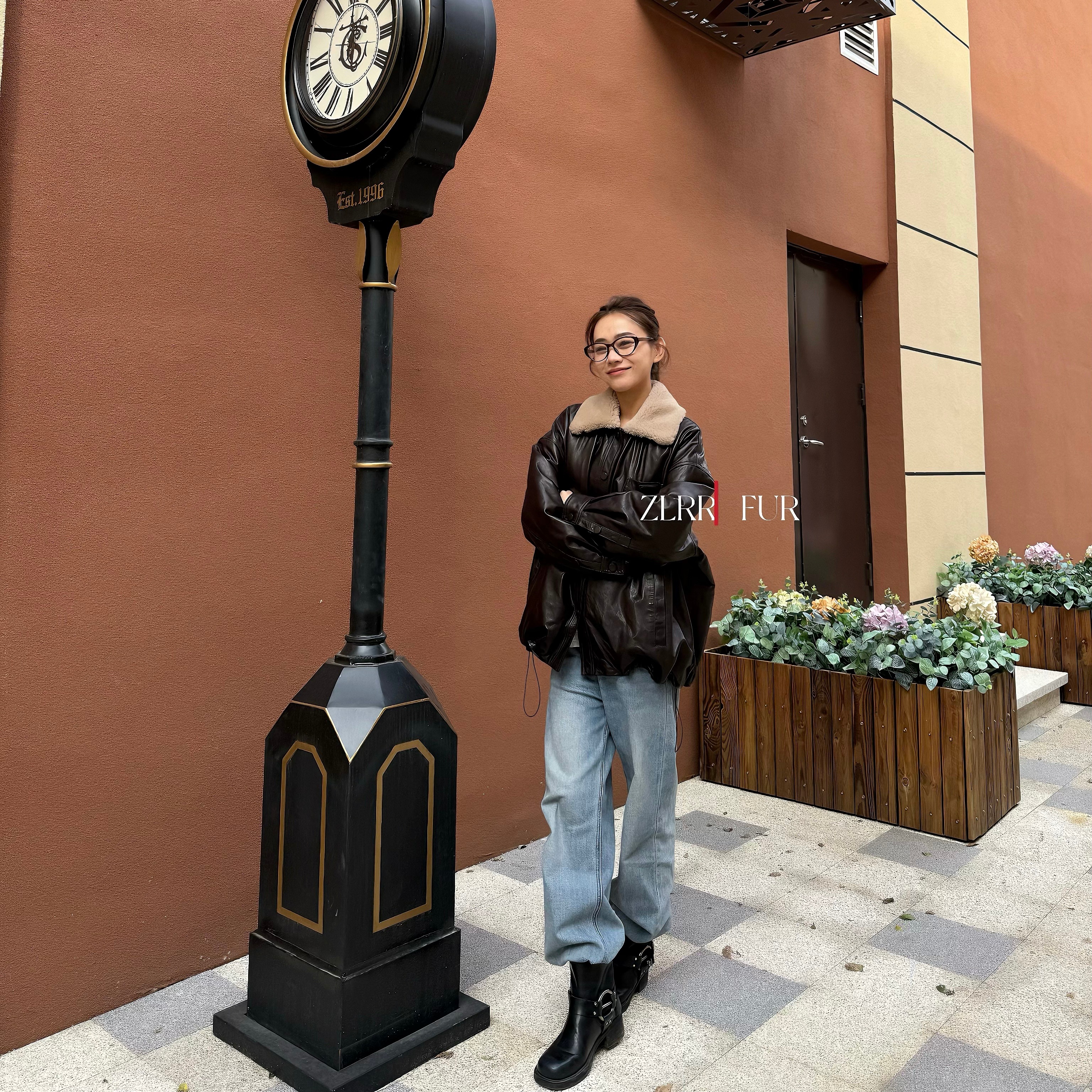 【ZLRR】冬季新款宽松百搭中长款单排扣羊羔毛领绵羊皮加绒皮衣698