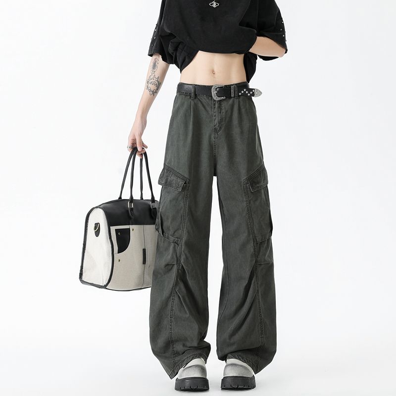 秋冬解构设计感美式休闲裤男生潮牌高街褶皱痞帅宽松直筒工装裤子