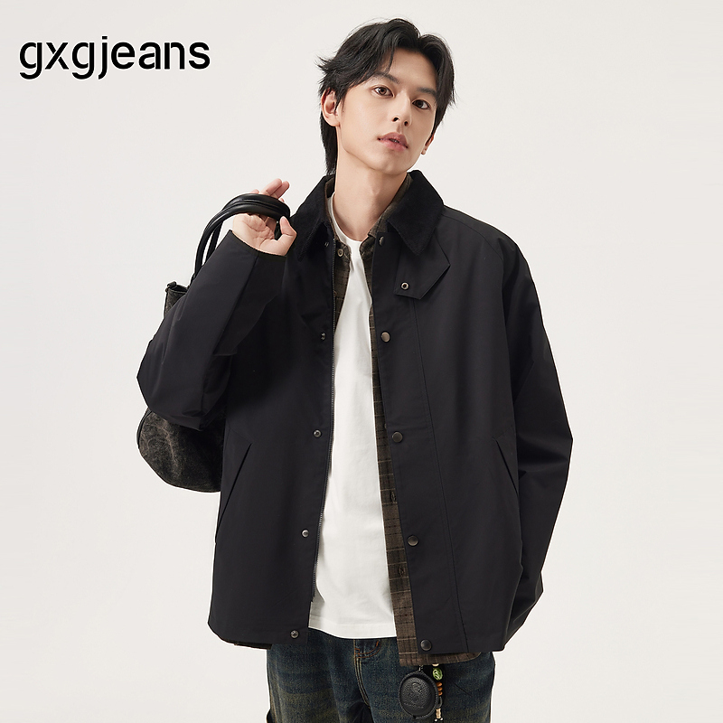 gxg.jeans男装 黑色拼接灯芯绒领工装宽松夹克外套男士 25秋新品