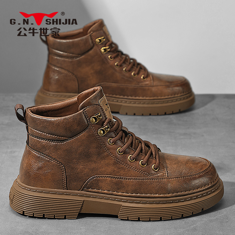 公牛世家男士秋季马丁靴高帮复古皮鞋厚底增高鞋子男休闲时尚男鞋