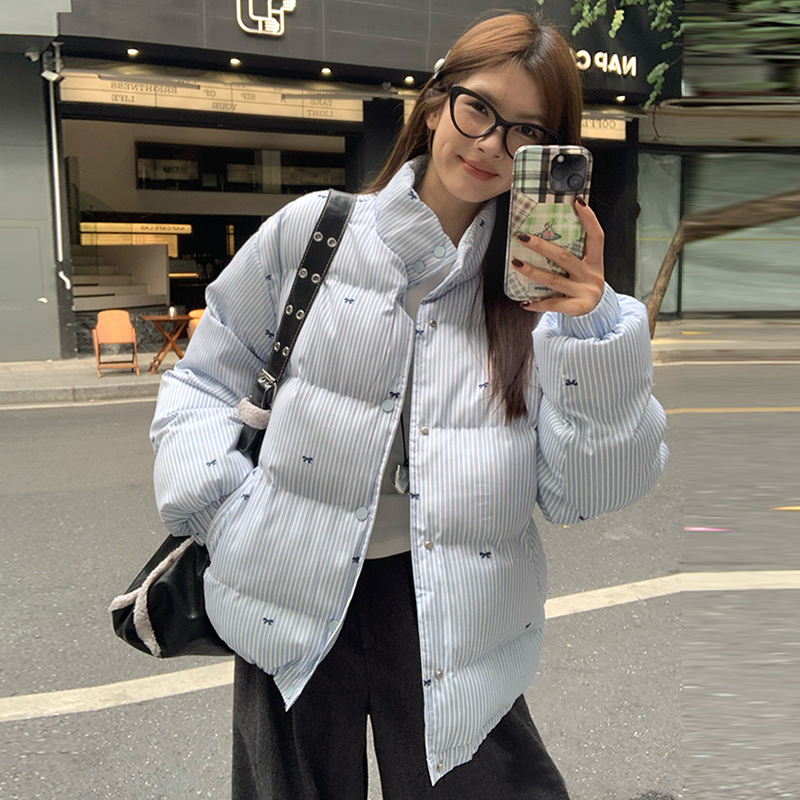 含含【501】冬季保暖宽松棉袄棉衣蝴蝶结蓝色面包服棉服外套女潮