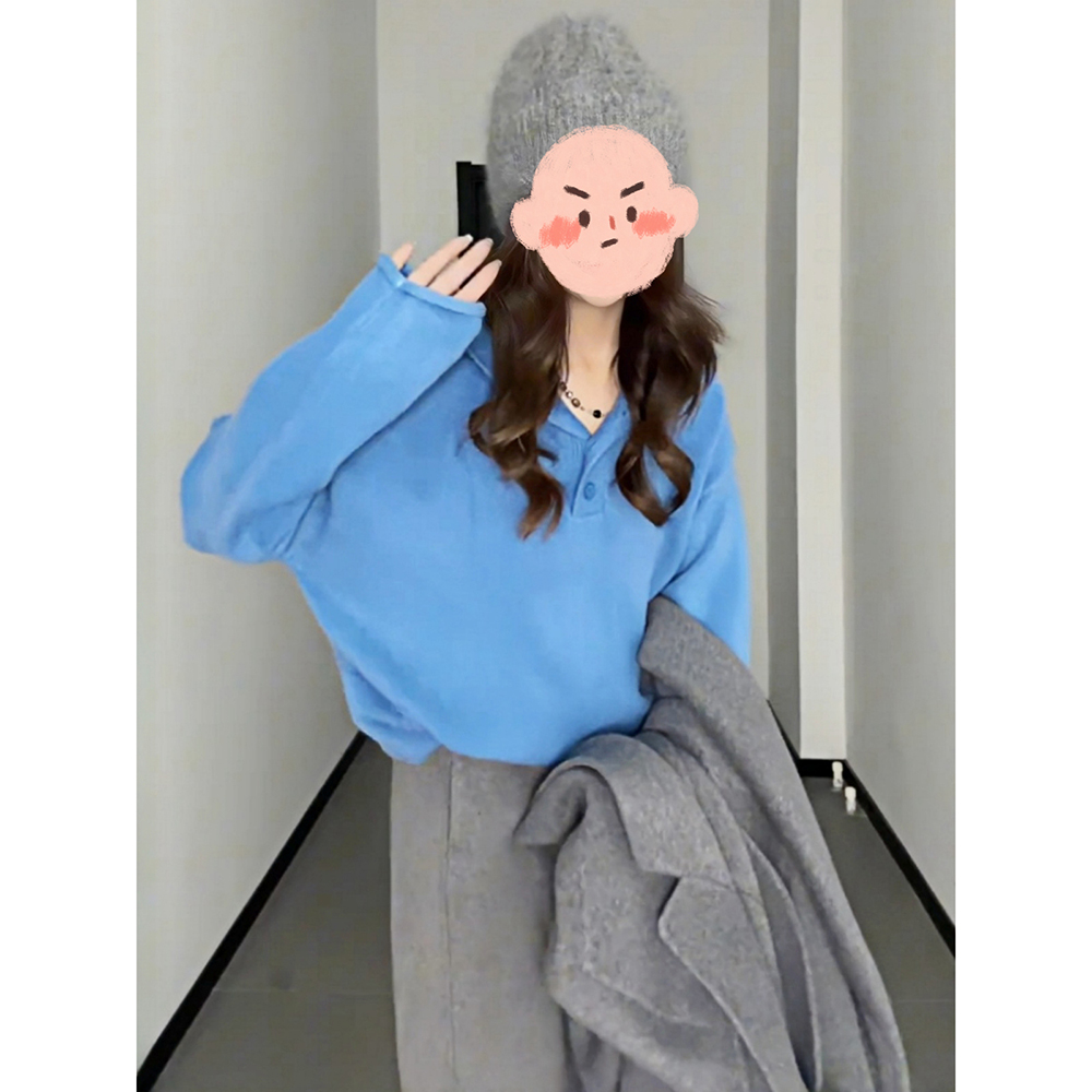 蓝色连帽毛衣初秋女款2025新款秋季宽松慵懒高级感超好看针织上衣