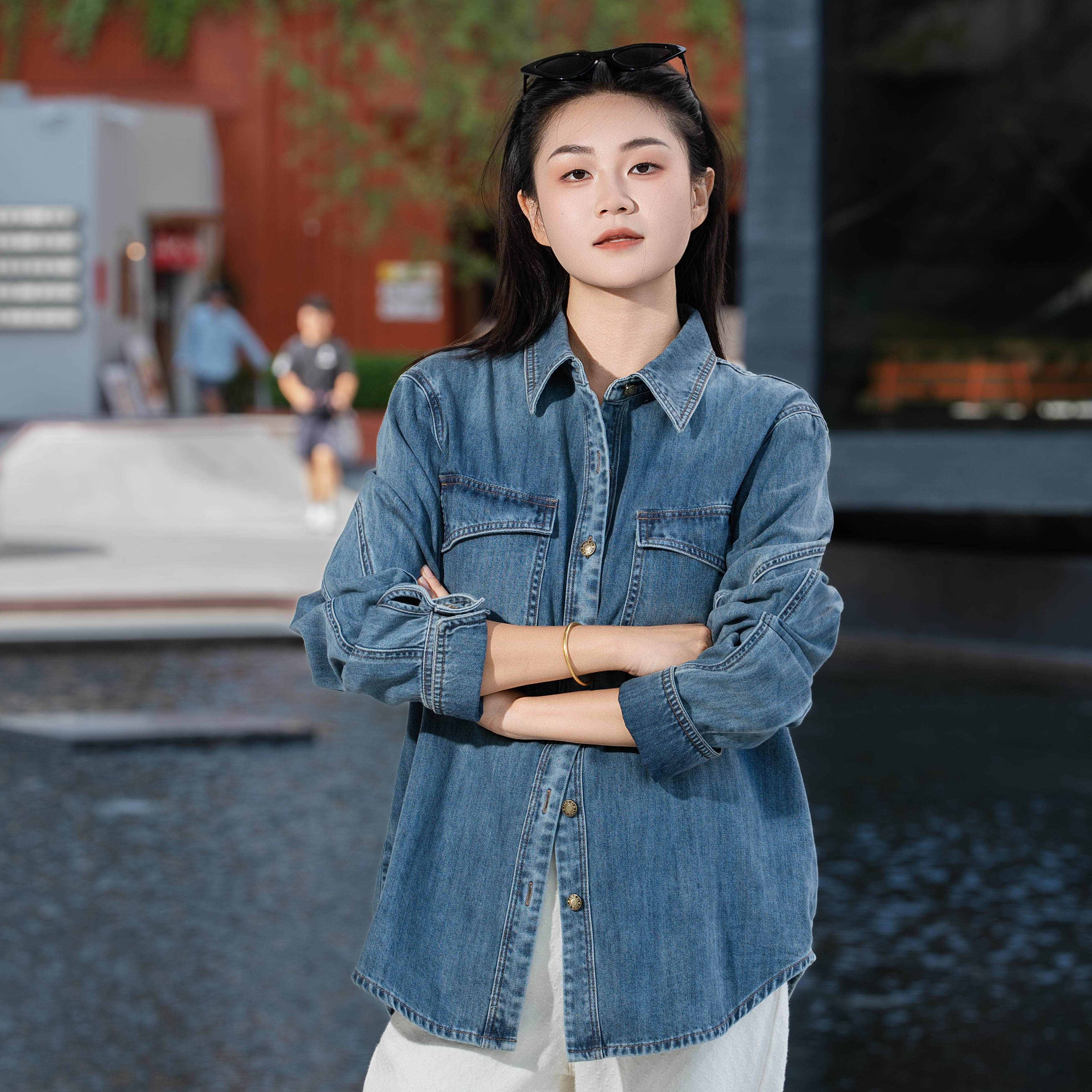 LINGZI/领姿 新款女士水洗翻领经典复古宽松长袖牛仔衬衣3129081