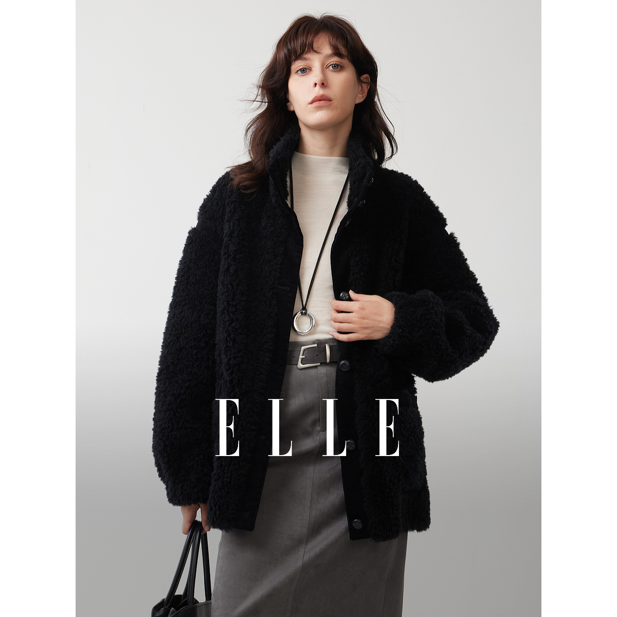 【100%绵羊毛】ELLE女装毛绒短外套2025冬季新款独特上衣EF53009