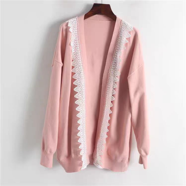 【K33】蕾丝钩花边拼接廓形显瘦秋冬宽松中长款毛针织开衫 