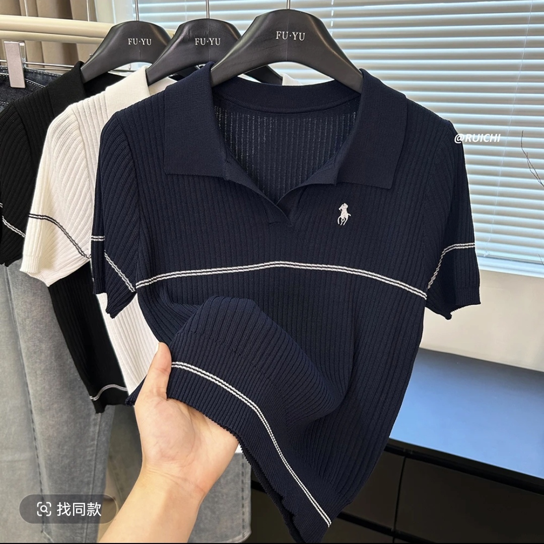 胖MM夏季韩系POLO翻领小马刺绣条纹简约高级套头针织衫女#2526