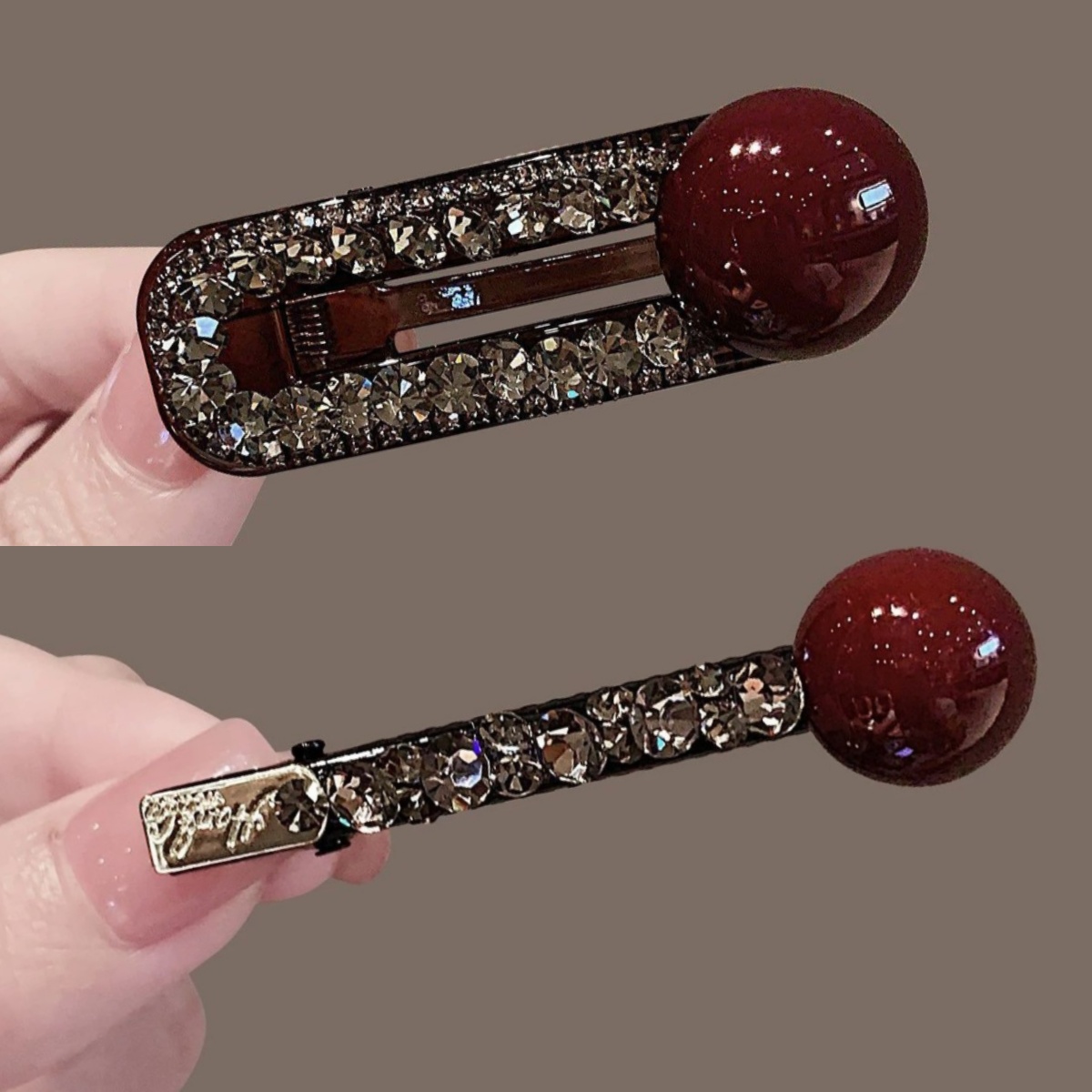 轻奢红色珍珠镶钻发夹鸭嘴夹ins网红侧边刘海夹一字夹高级感发卡