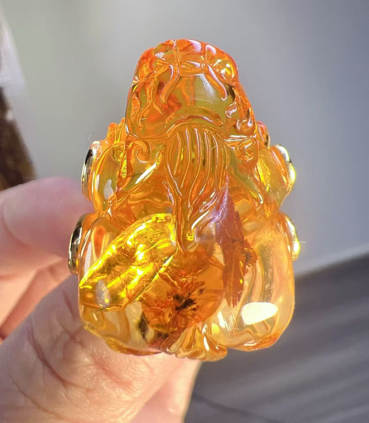 天然俄罗斯花珀貔貅戒指 925银活口镶嵌 满金花招财貔貅时尚百搭