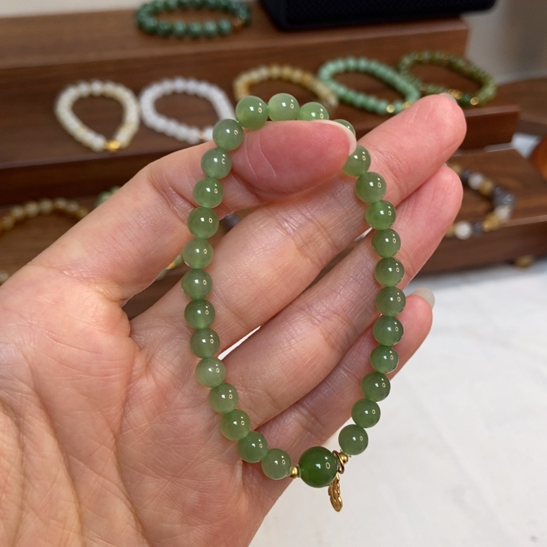 和田玉银S925镶嵌手链福利6mm碧玉