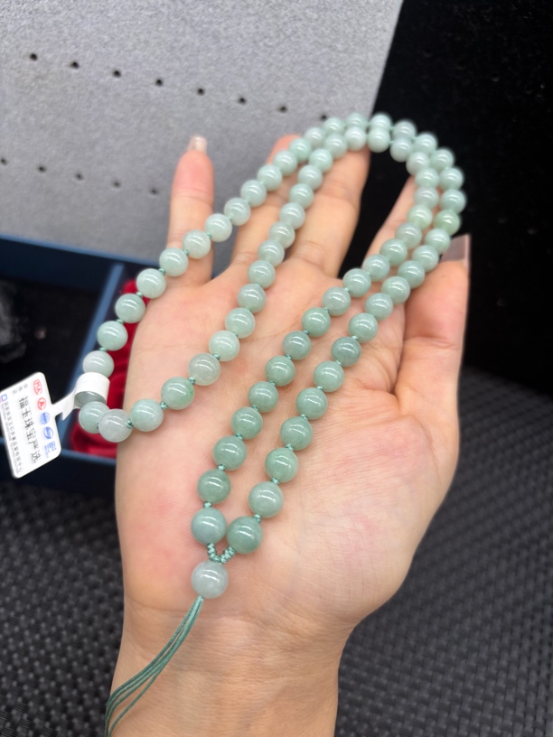 高端天然缅甸A货翡翠果绿圆珠7.6mm玉石挂件绳毛衣链珠链时尚百搭