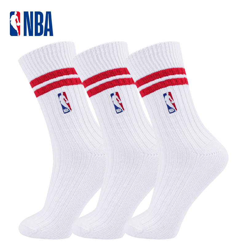 NBA经典条纹运动袜潮男时尚休闲运动训练跑步健身高筒袜白袜3双装
