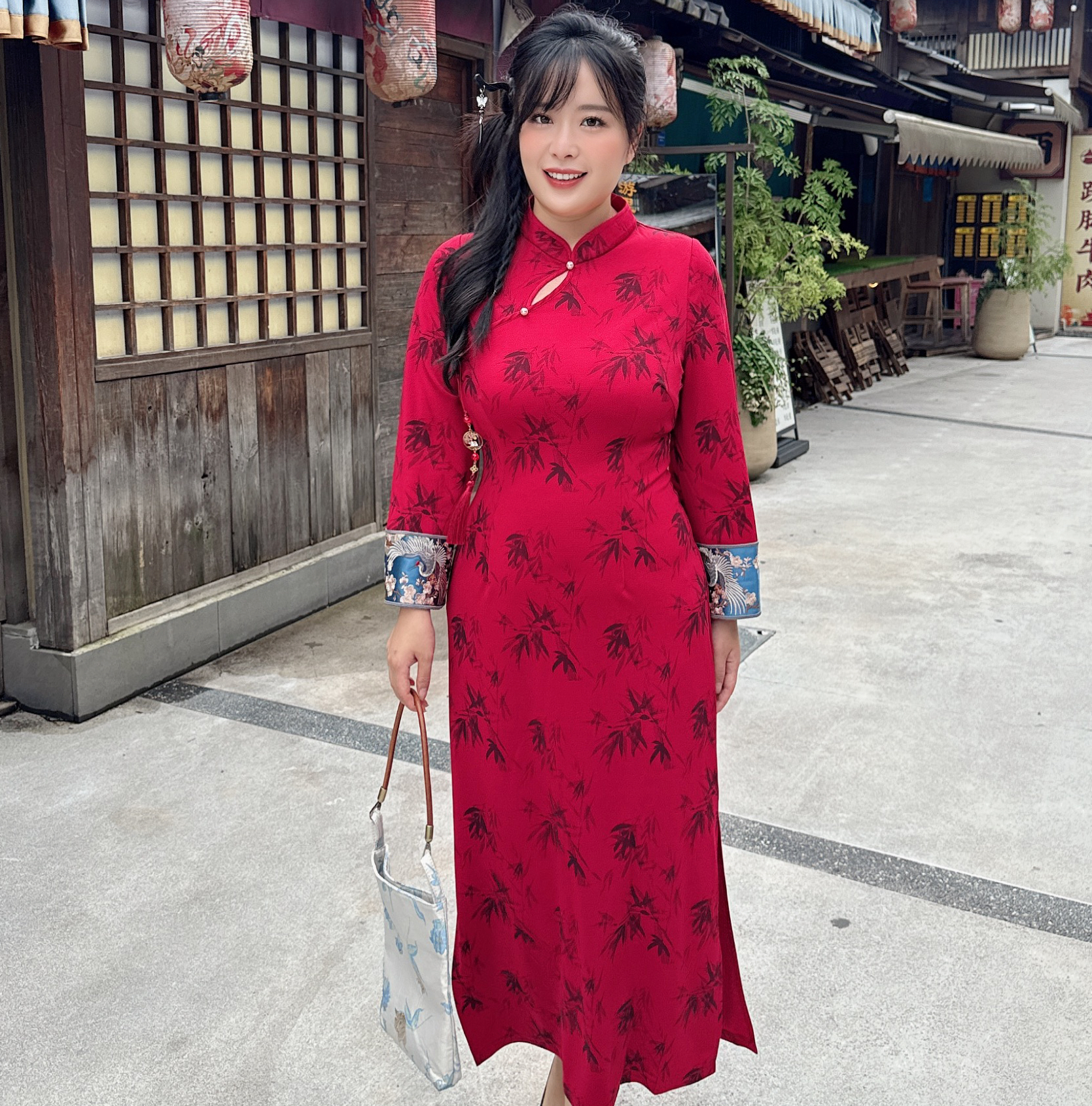 码加加51820胖MM2025秋高级感温柔显白竹叶印花旗袍连衣裙