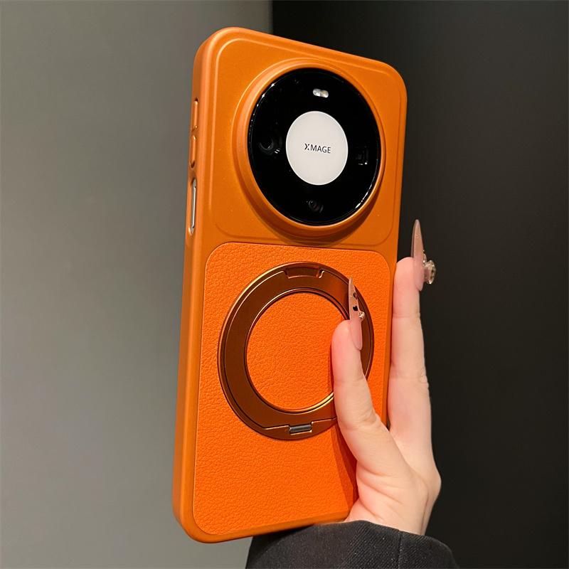 适用华为mate80手机壳高级感电镀素皮磁吸旋转支架mate70/pro男女