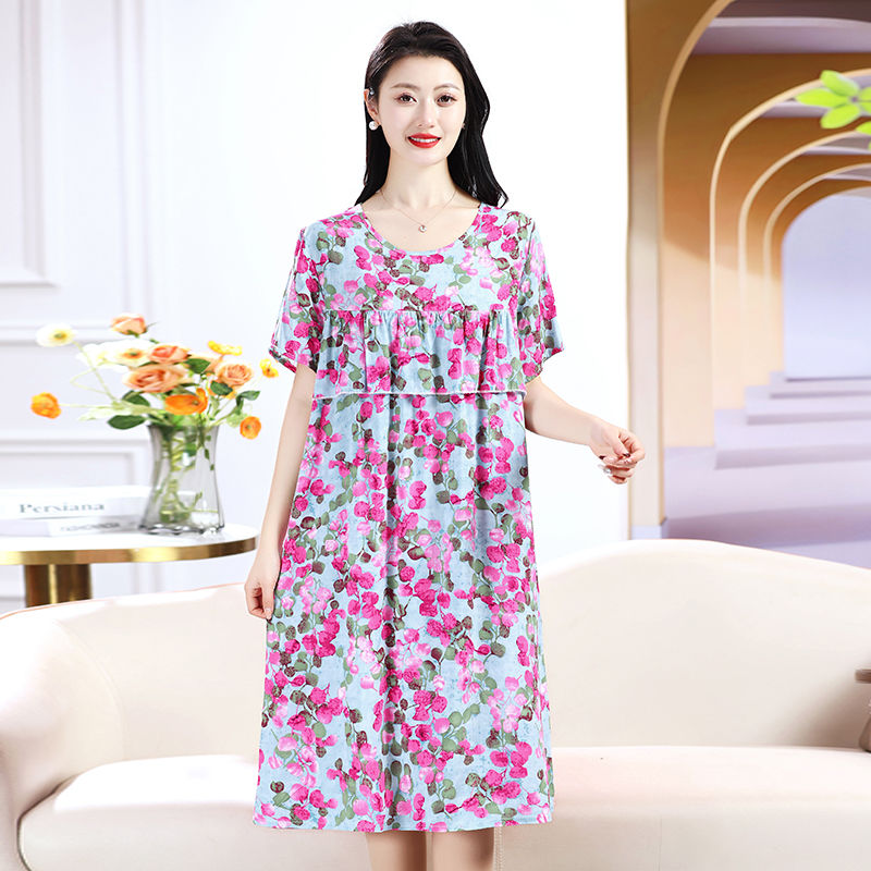 女夏季棉稠薄款棉短袖宽松可爱女款睡裙裙子妈妈棉绸连衣裙睡衣裙