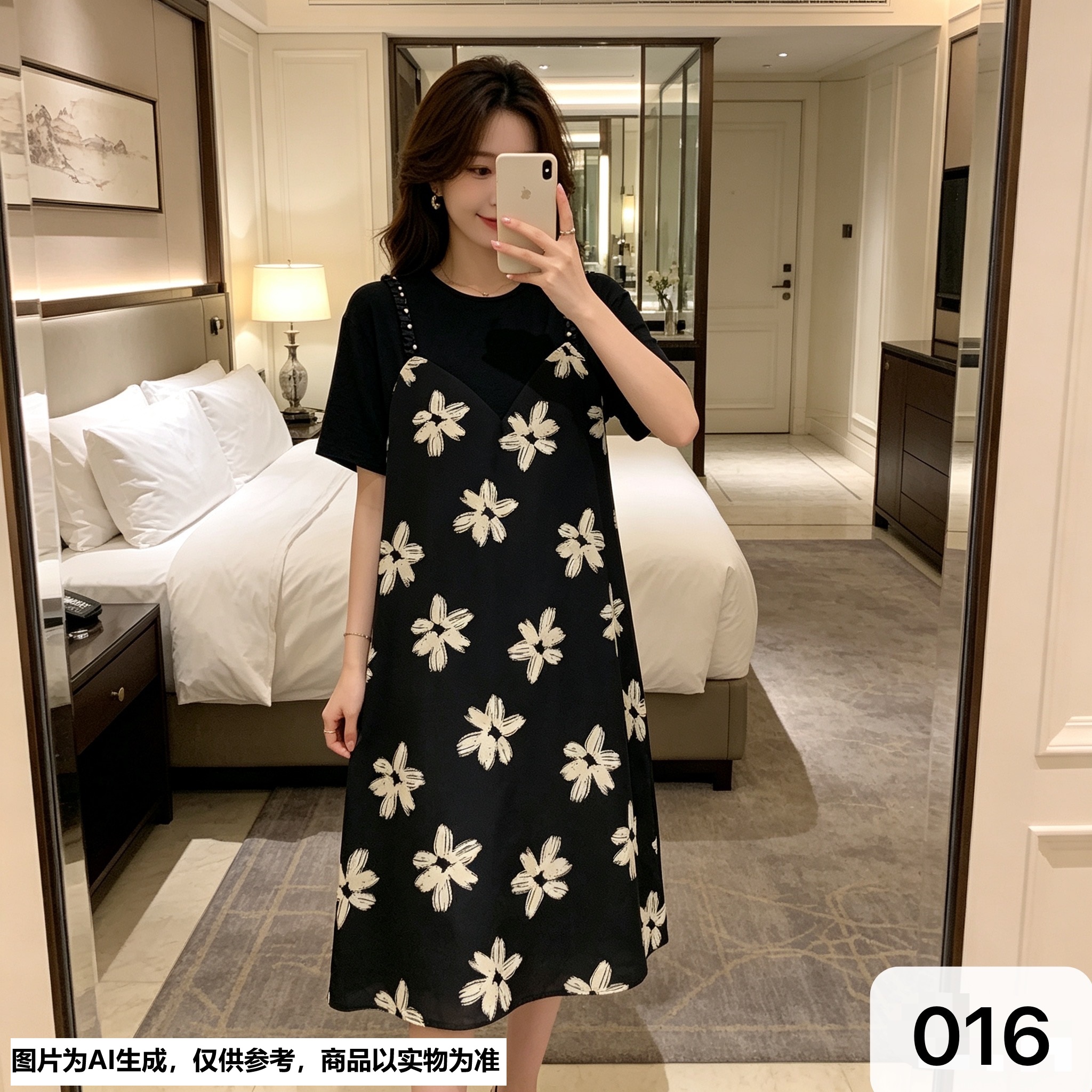 【Annie 016】夏季花瓣印花假两件休闲宽松大码显瘦长裙连衣裙