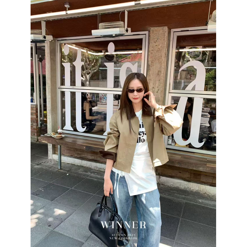 韩系复古拼接领宽松拉链短款夹克外套8072（福利款）