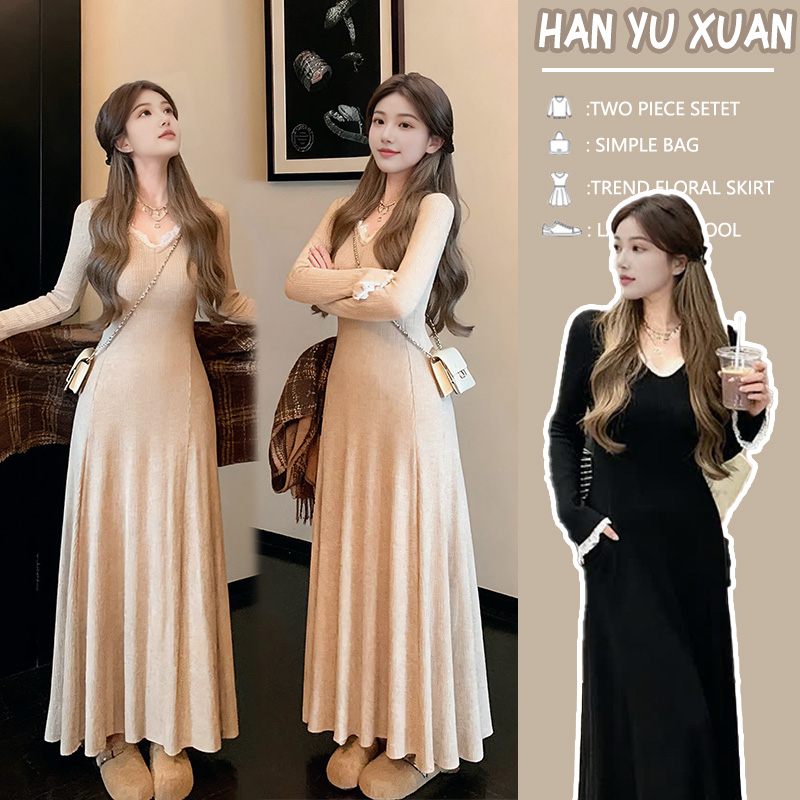 【枫丽】2025秋冬新款孕妇韩版时尚设计感针织蕾丝拼接长袖连衣裙