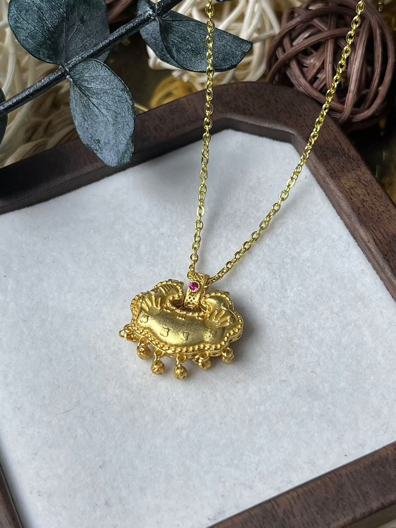 吊坠925银 56号-古法银镀金如意铃铛福锁吊坠