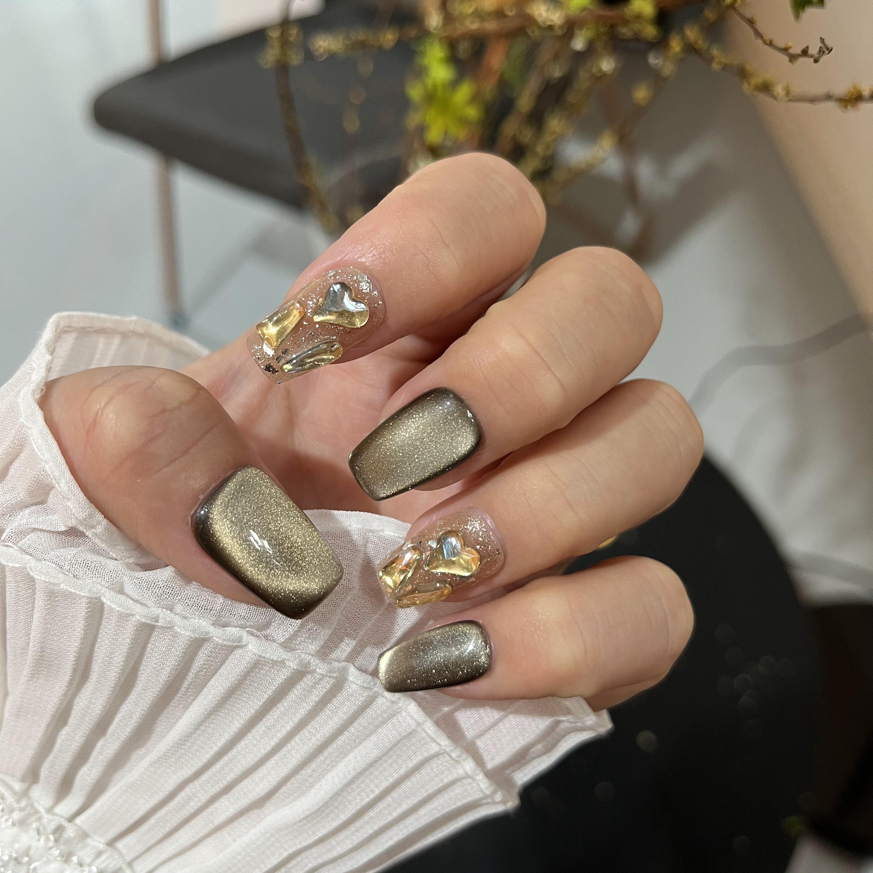 YueJi悦己【灰棕猫眼】纯手工穿戴甲，纯色灰棕简约猫眼系列穿戴甲