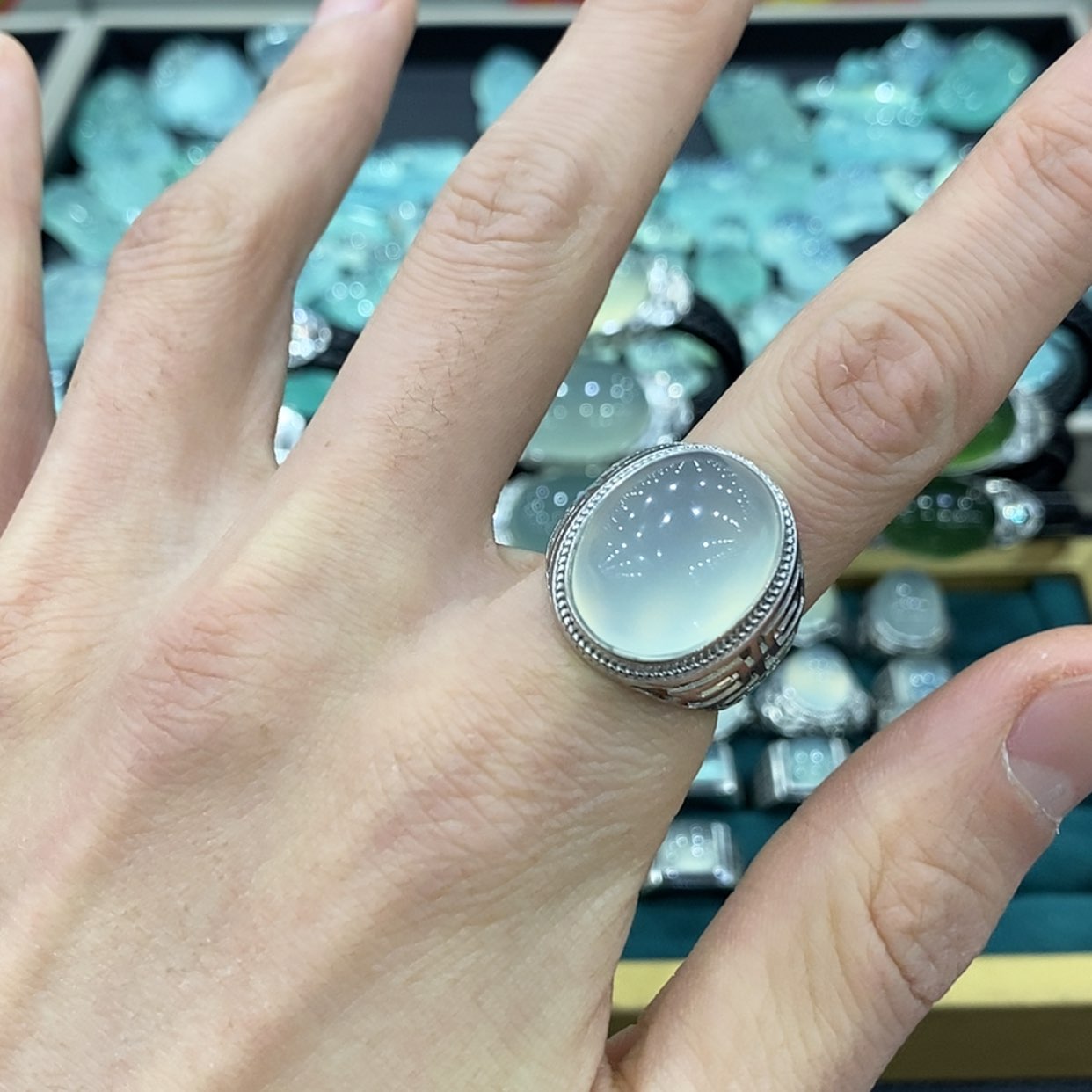 【闪购商品】蛇纹石玉戒指银S925镶嵌