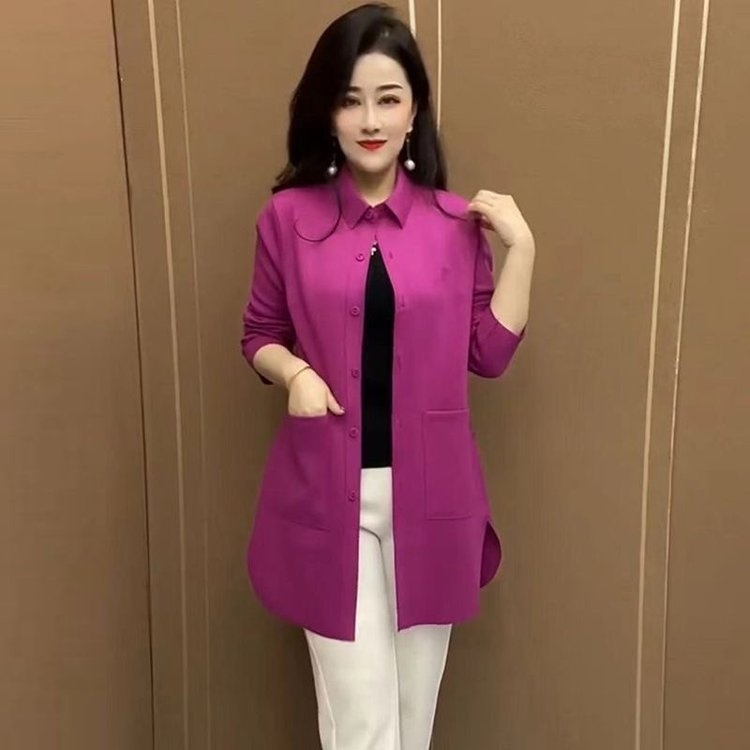 中长款中老年女装休闲厚款纽扣衬衫时尚针织休闲风气质