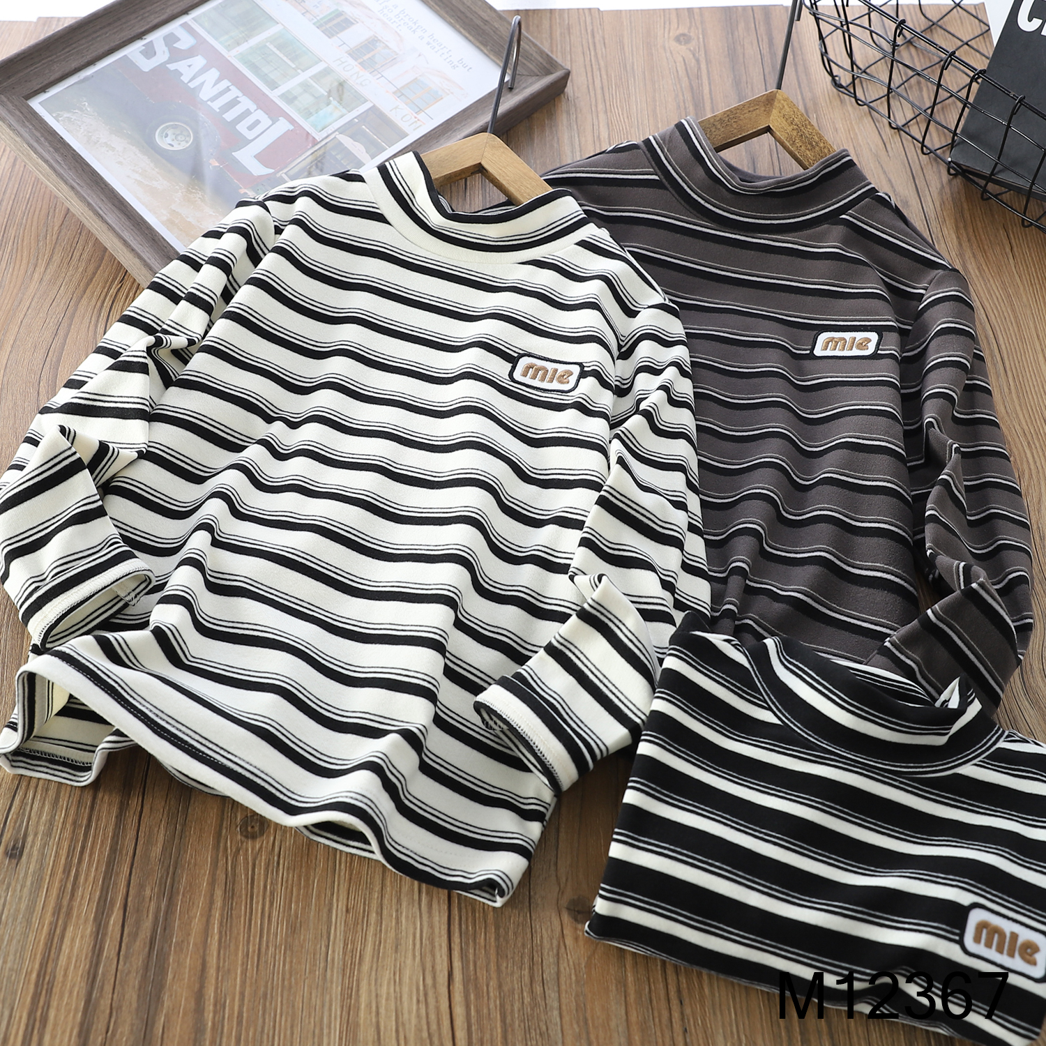 【MIEVE DUCK】冬季儿童条纹打底衫百搭亲肤绒半高领打底12367