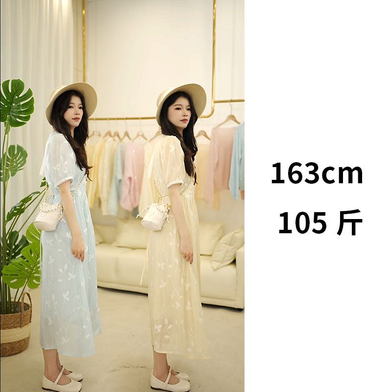 V领纯色刺绣中长裙夏季连衣裙显瘦长款蕾丝优雅温柔收腰长裙A2506