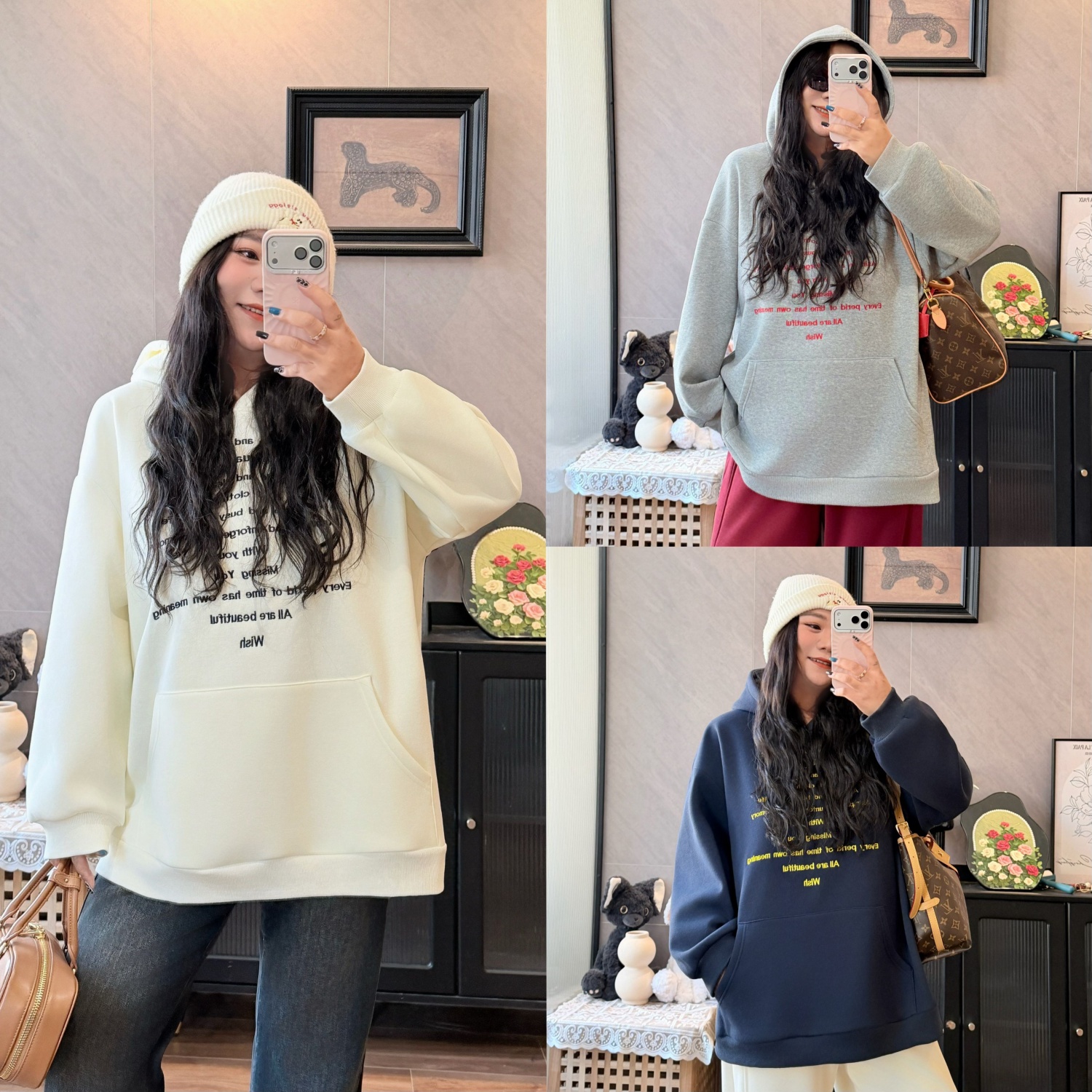 花契“椰子松糕”大码女装冬季宽松200斤胖mm刺绣加绒卫衣4373-H