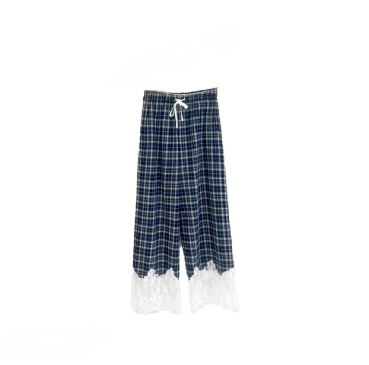 深圳南油小众设计师新品蕾丝边拼接格子裤