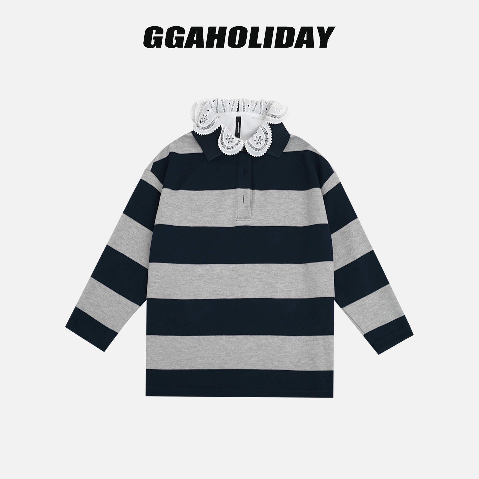 GGAHOLIDAY时尚休闲宽松舒适拼接polo长袖条纹显瘦撞色卫衣153237