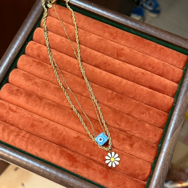 钛钢亚克力项链 iLaruN新款蓝眼睛双层钛钢项链时尚气质复古小众