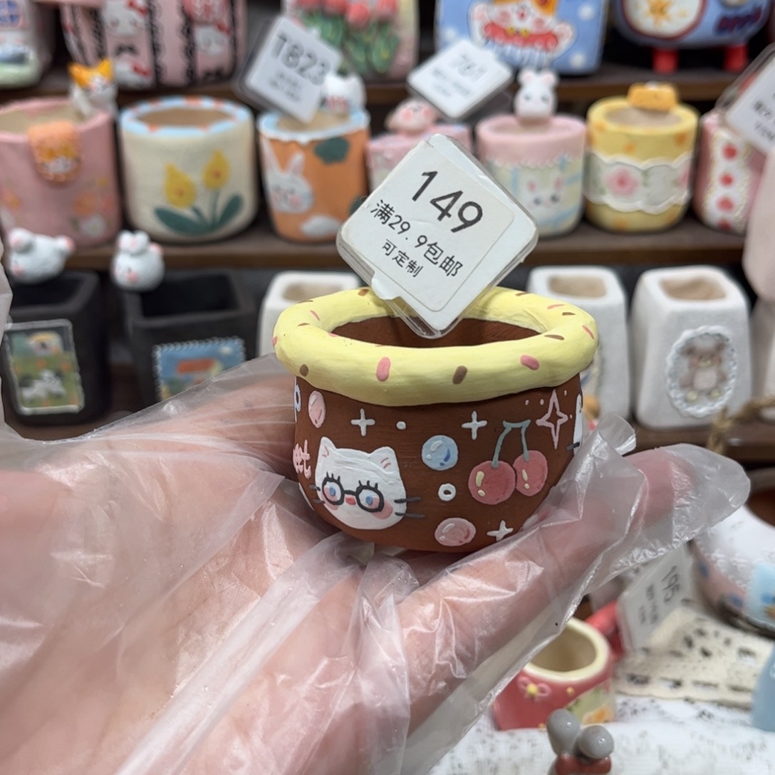 美***夕149猫咪紫砂花盆手绘