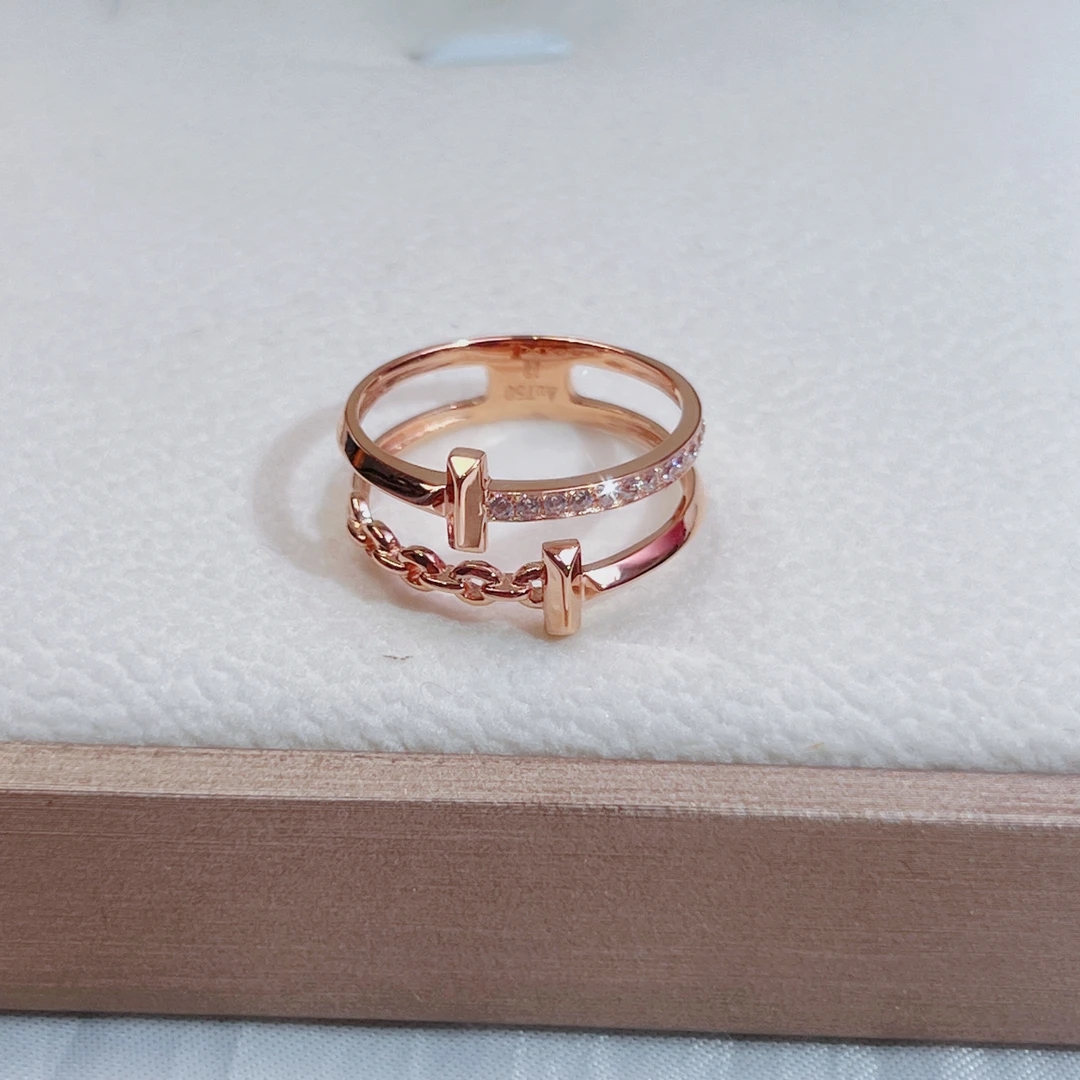 18K金双层单T戒指15#