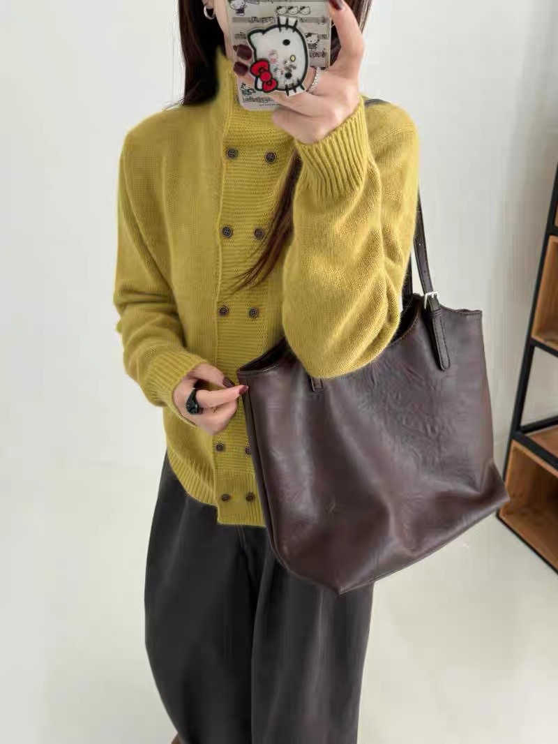 【纯色立领双排扣】长袖针织开衫毛衣百搭显瘦秋冬外套-苋  19816