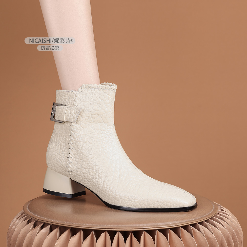 2025年新款欧美粗跟时尚短靴保暖圆头侧拉链加绒保暖舒适女靴3698