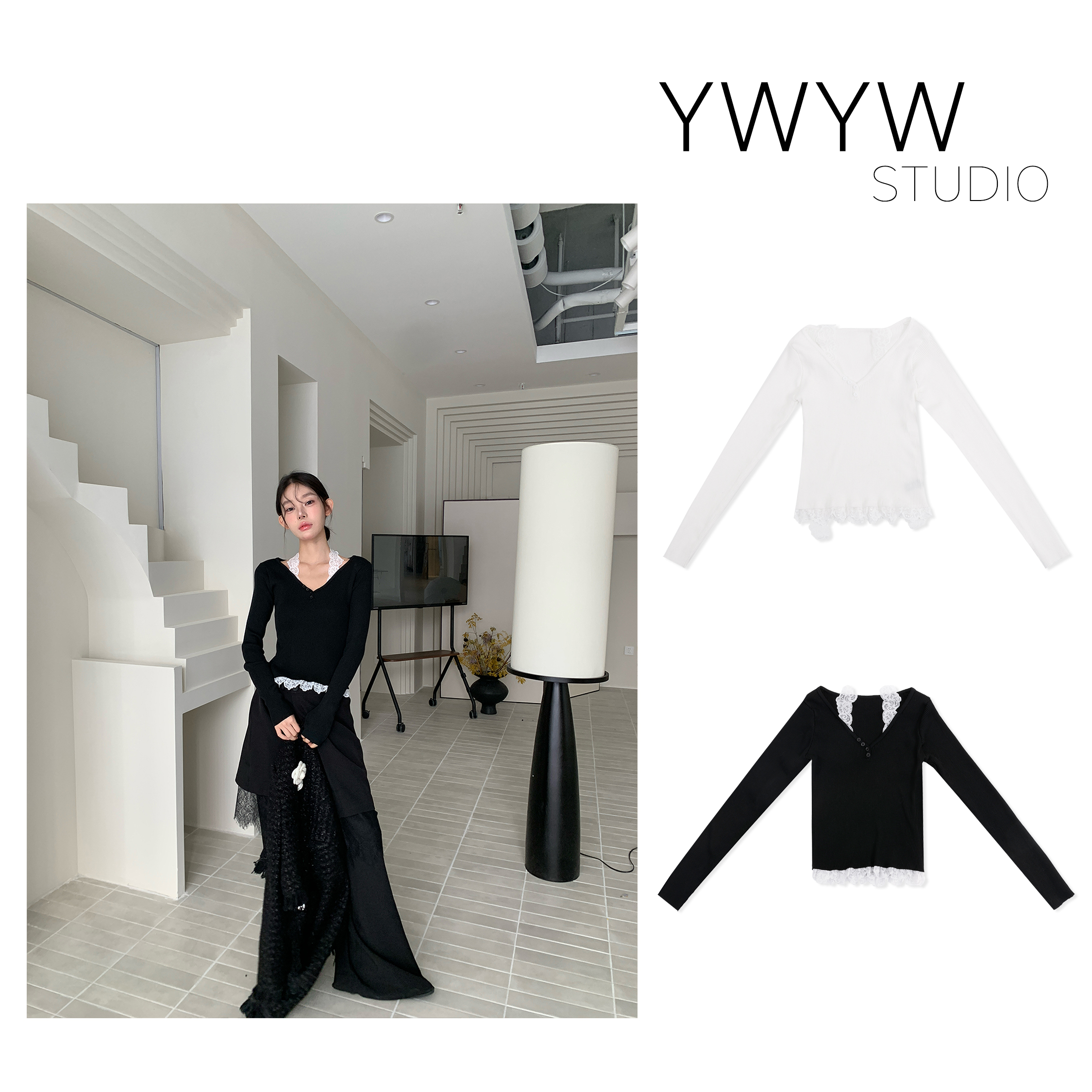 【福利款NO退换】春季百搭双条蕾丝边百搭针织长袖体恤A8212