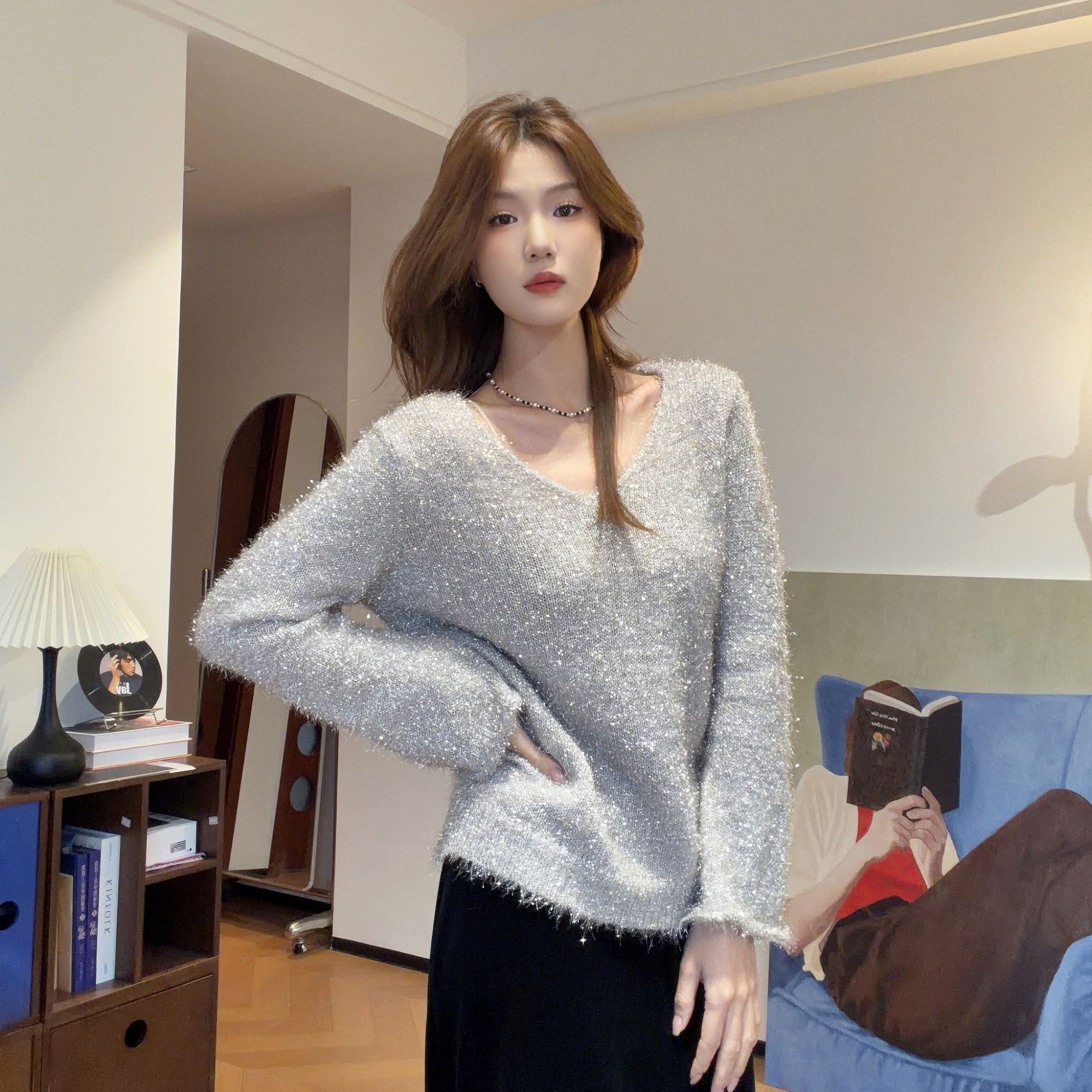 ins风闪闪羽毛纱V领纯欲风针织5125