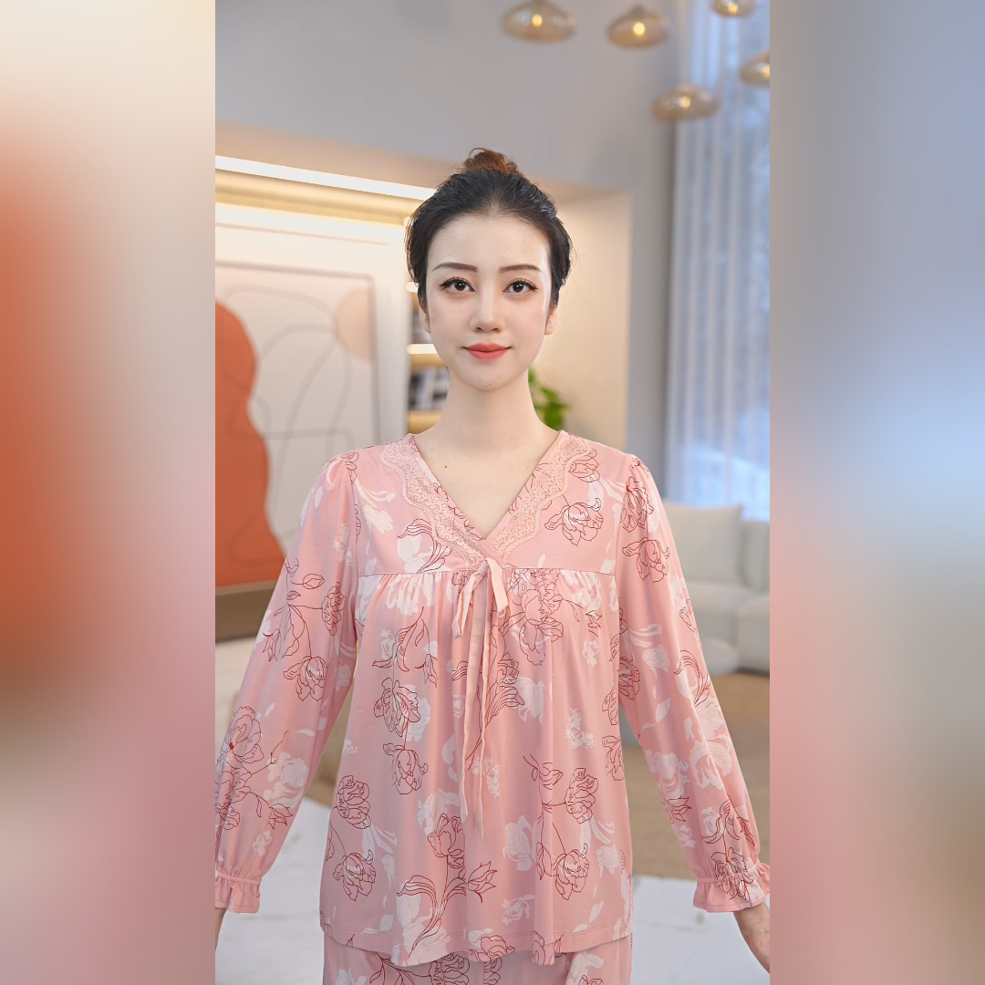 秋鹿蕾丝睡衣女秋季新款2024爆款纯棉长袖V领秋冬高档大气家居服