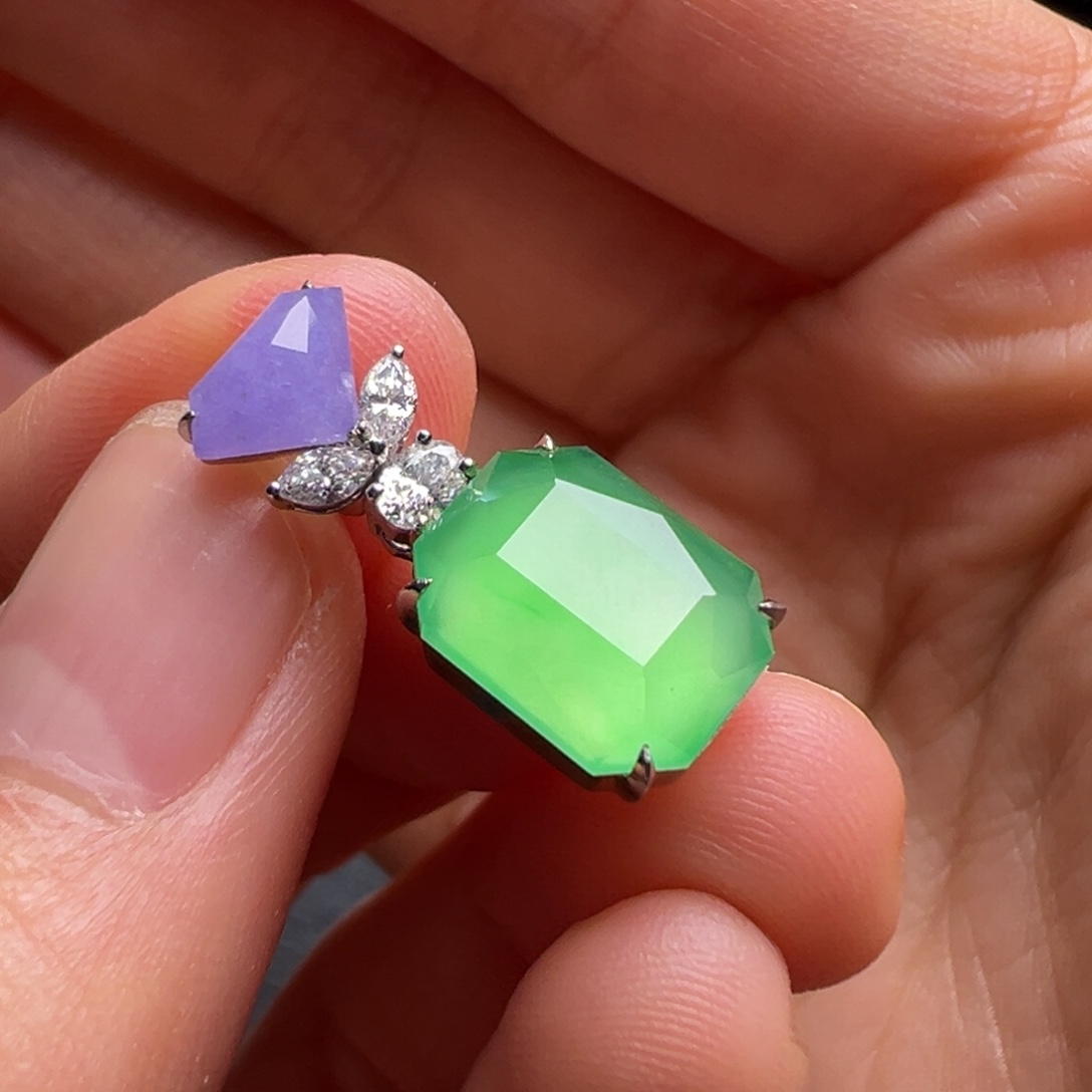 翡翠18K金镶嵌颈饰Y设计师款青苹果方糖