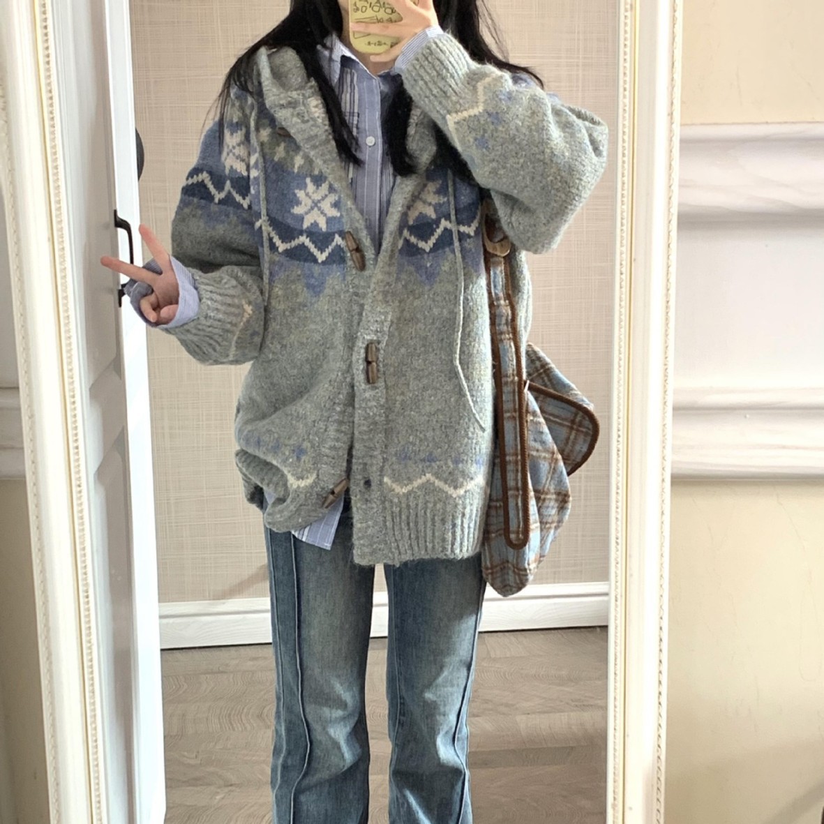 美式复古牛角扣软糯毛衣外套开衫女秋冬加厚提花连帽针织衫上衣